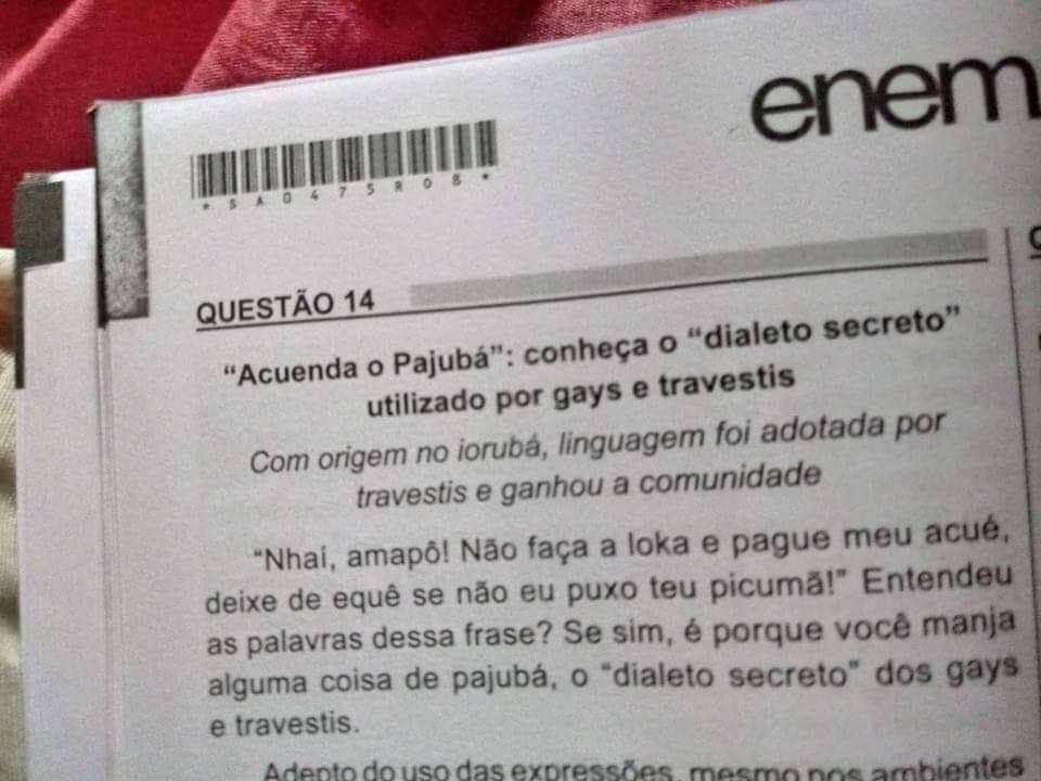 Veja resolução de questão do Enem que aborda status do pajubá como 'dialeto  secreto' dos gays e travestis, Enem 2018