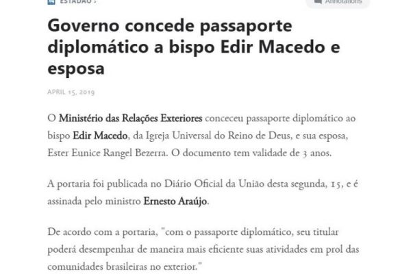 Itamaraty renova passaporte diplomático do bispo Edir Macedo e esposa